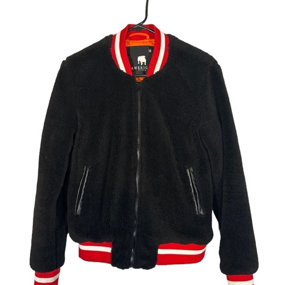 American Stitch Black Faux Fur Varsity Bomber Full Zip Jacket Women Sz M